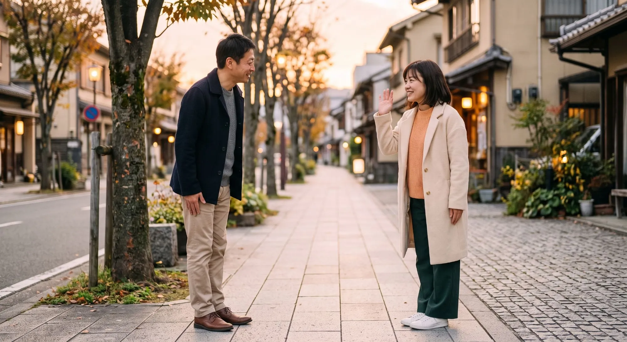 夕方の並木の歩道で、少し距離をとって向かい合い、別れの挨拶をする男女