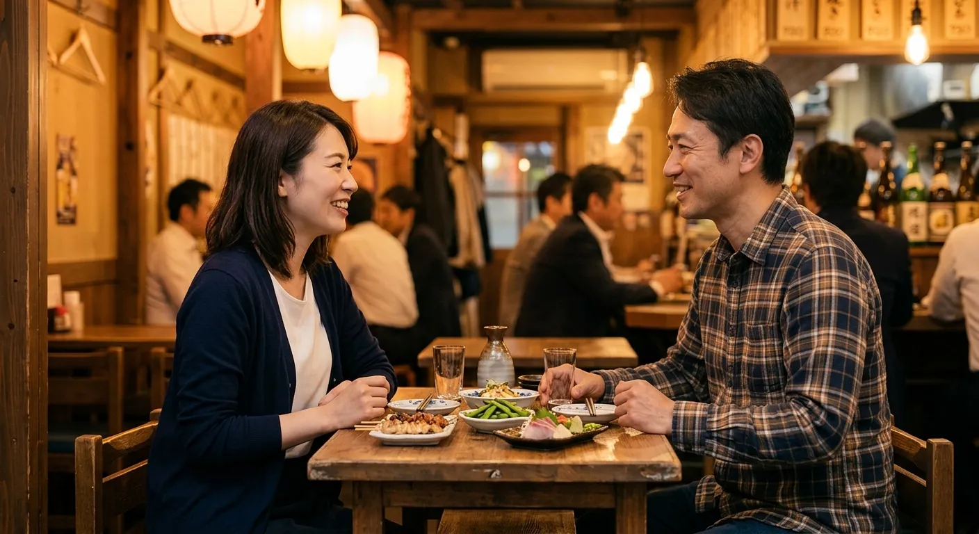 レストランのテーブルで食事をしながら話す男女