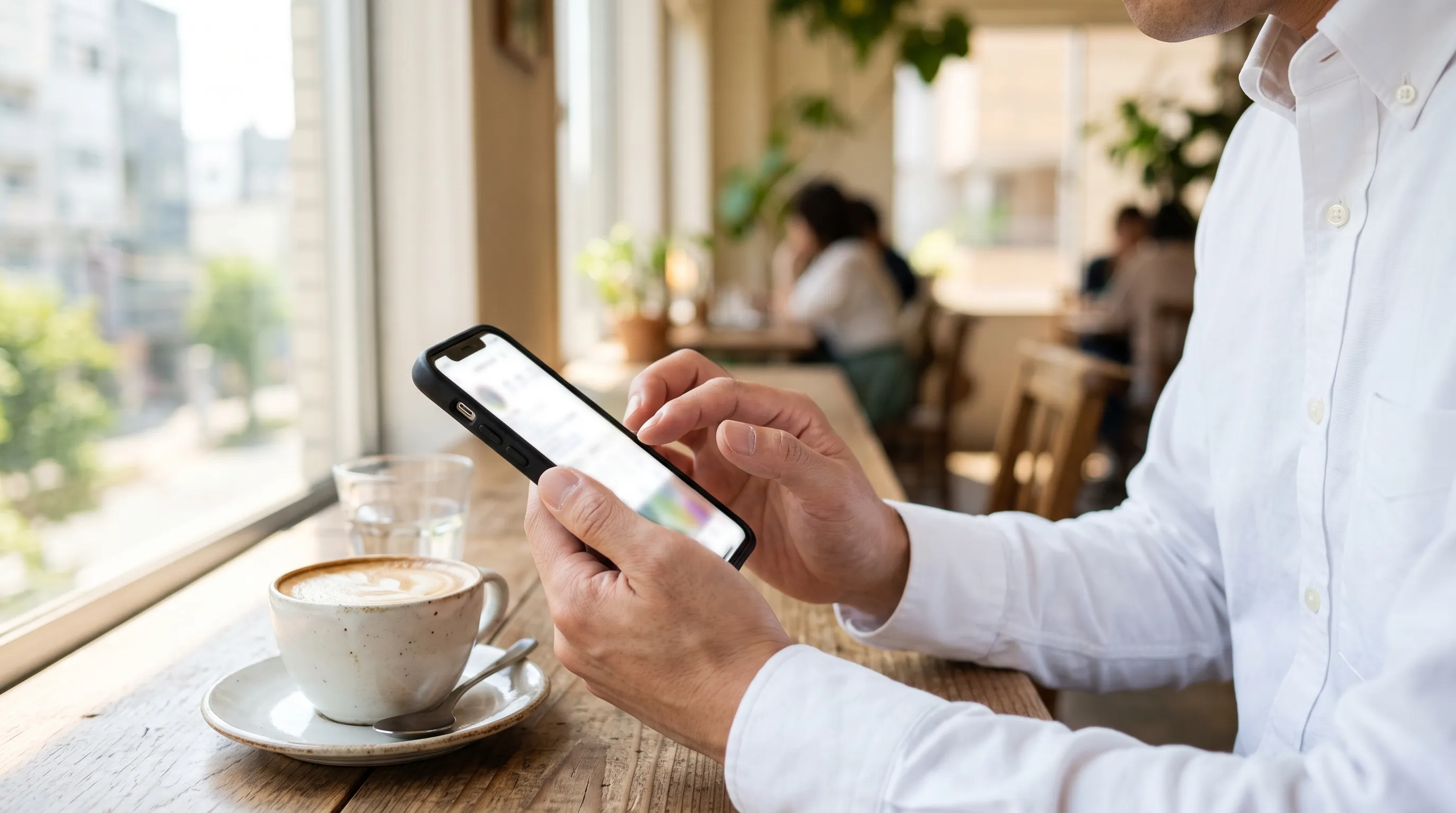 明るいカフェの窓際で、スマートフォンの画面を確かめている男性の手元