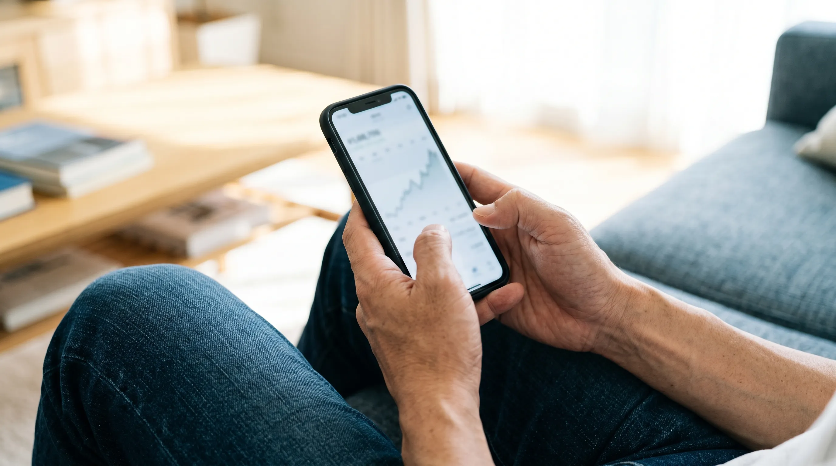 自宅のソファで、グラフが表示されたスマートフォンを手にしている男性の手元