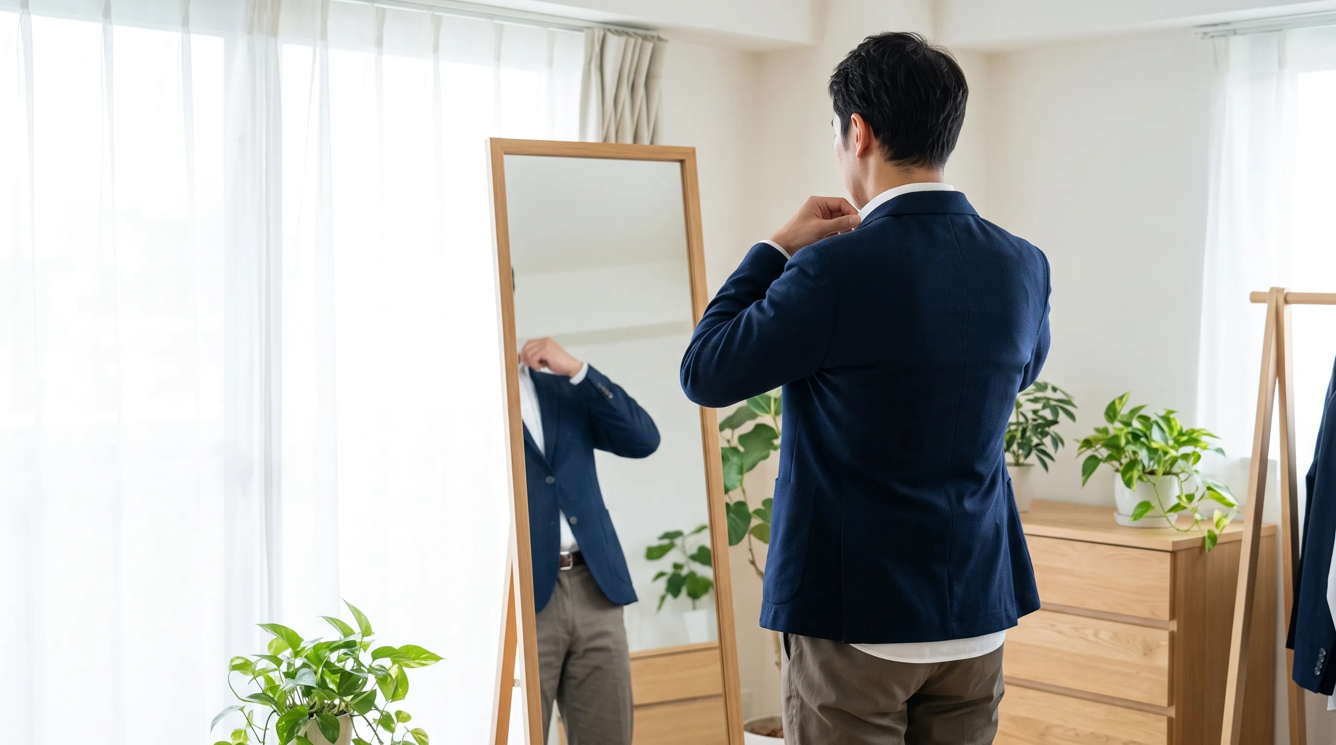 明るい部屋の姿見の前で、紺のジャケットの襟を整える男性の後ろ姿