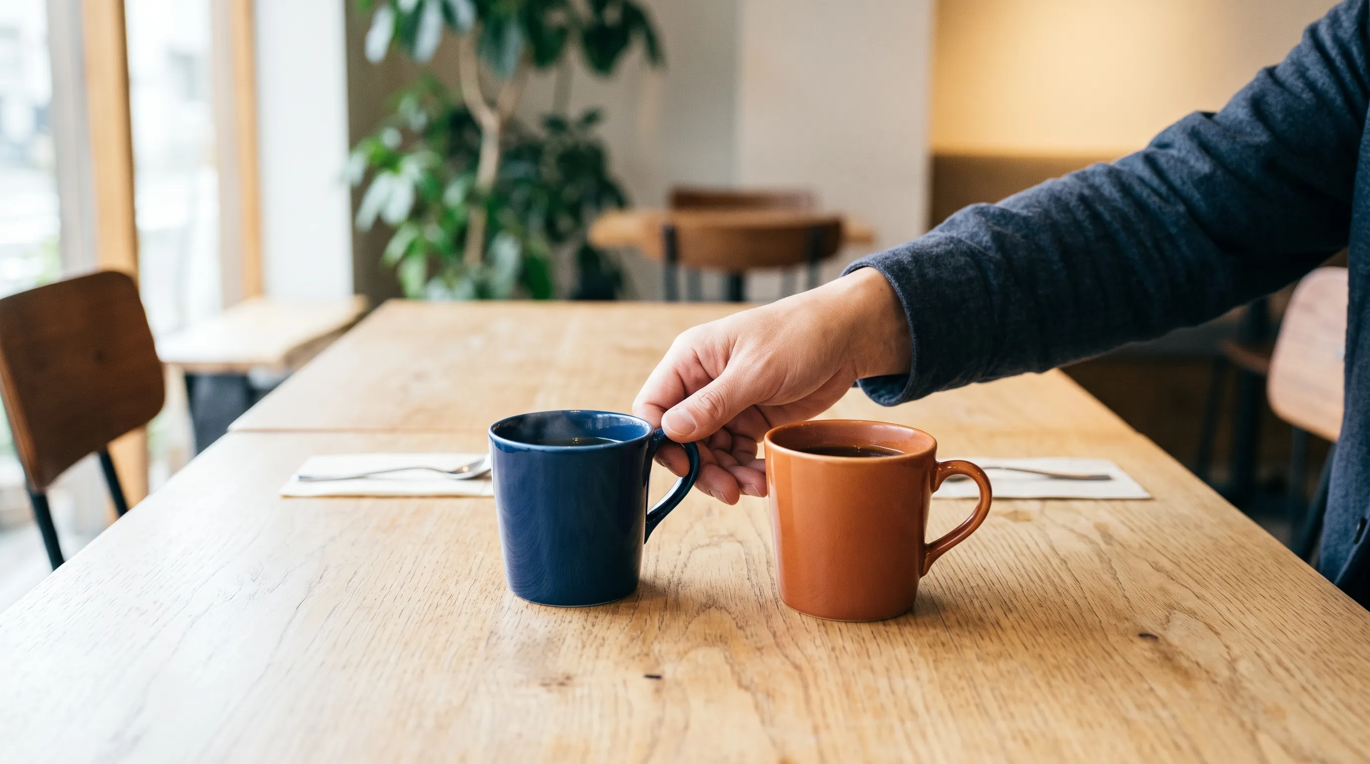 カフェの木のテーブルに並んだ紺色とオレンジ色のマグカップ。片方に手を伸ばす男性の手元