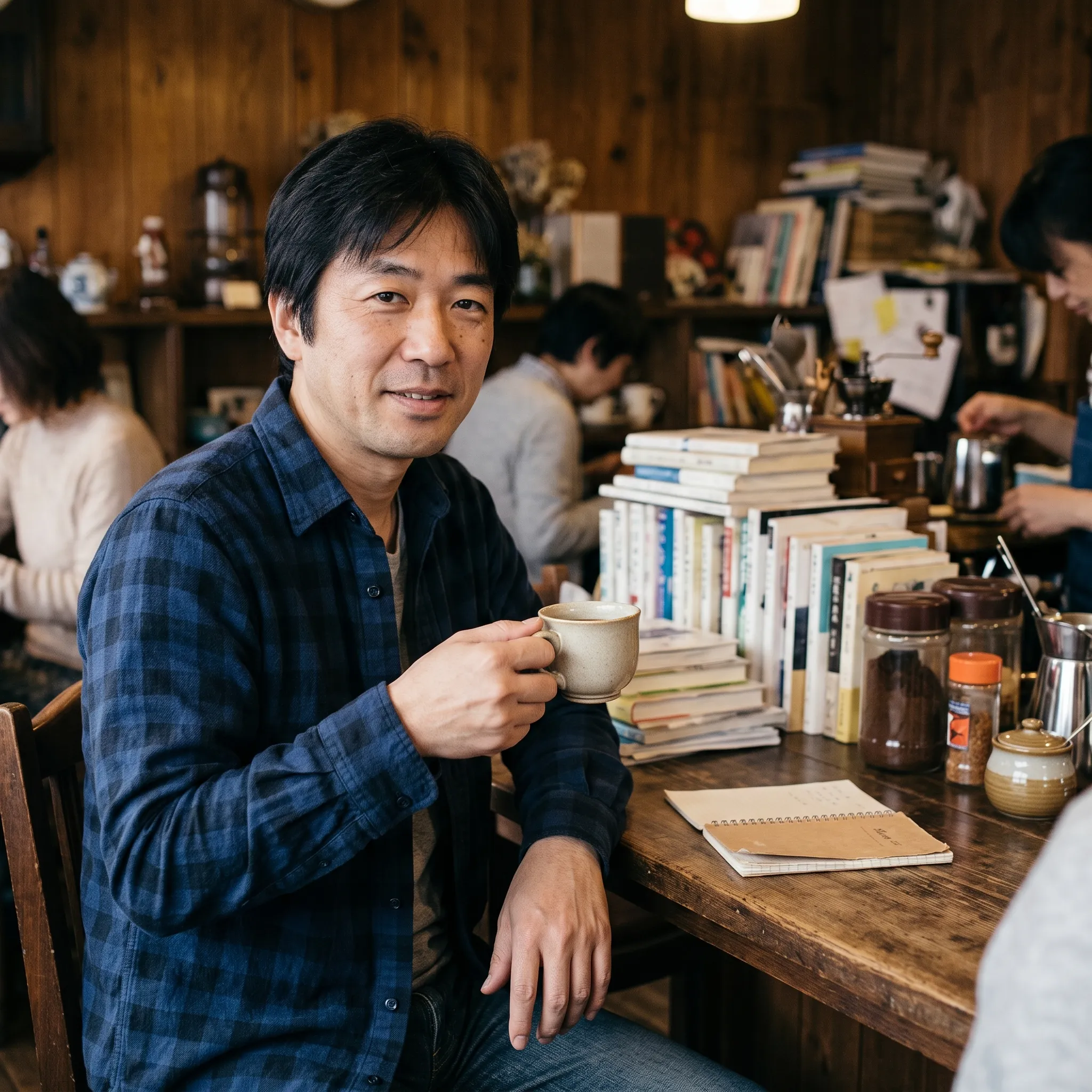 物が多く生活感のある喫茶店で、コーヒーを飲む男性