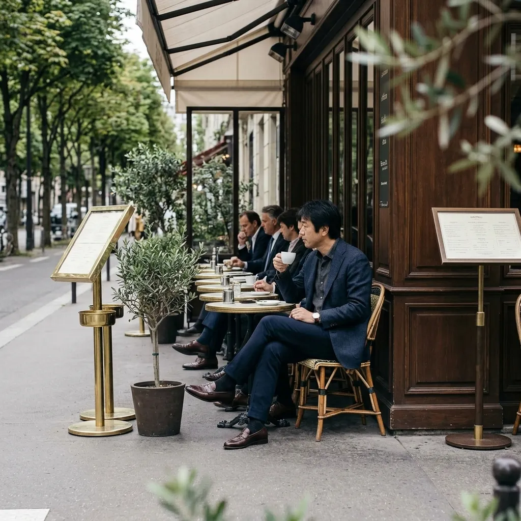 街路樹のあるテラス席で、遠くから撮られた横向きの男性
