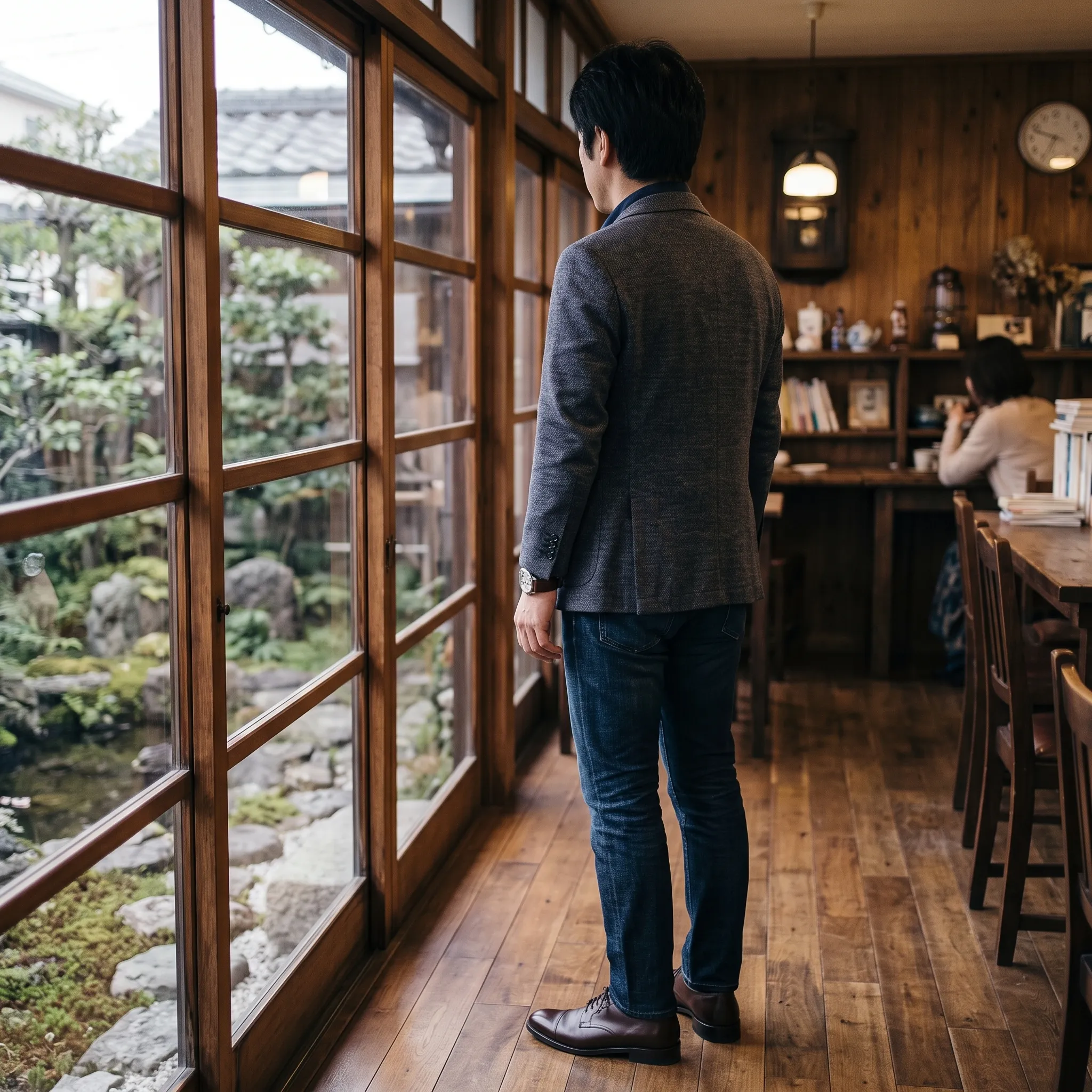 和風の喫茶店の窓辺に立ち、庭を眺める男性の後ろ姿
