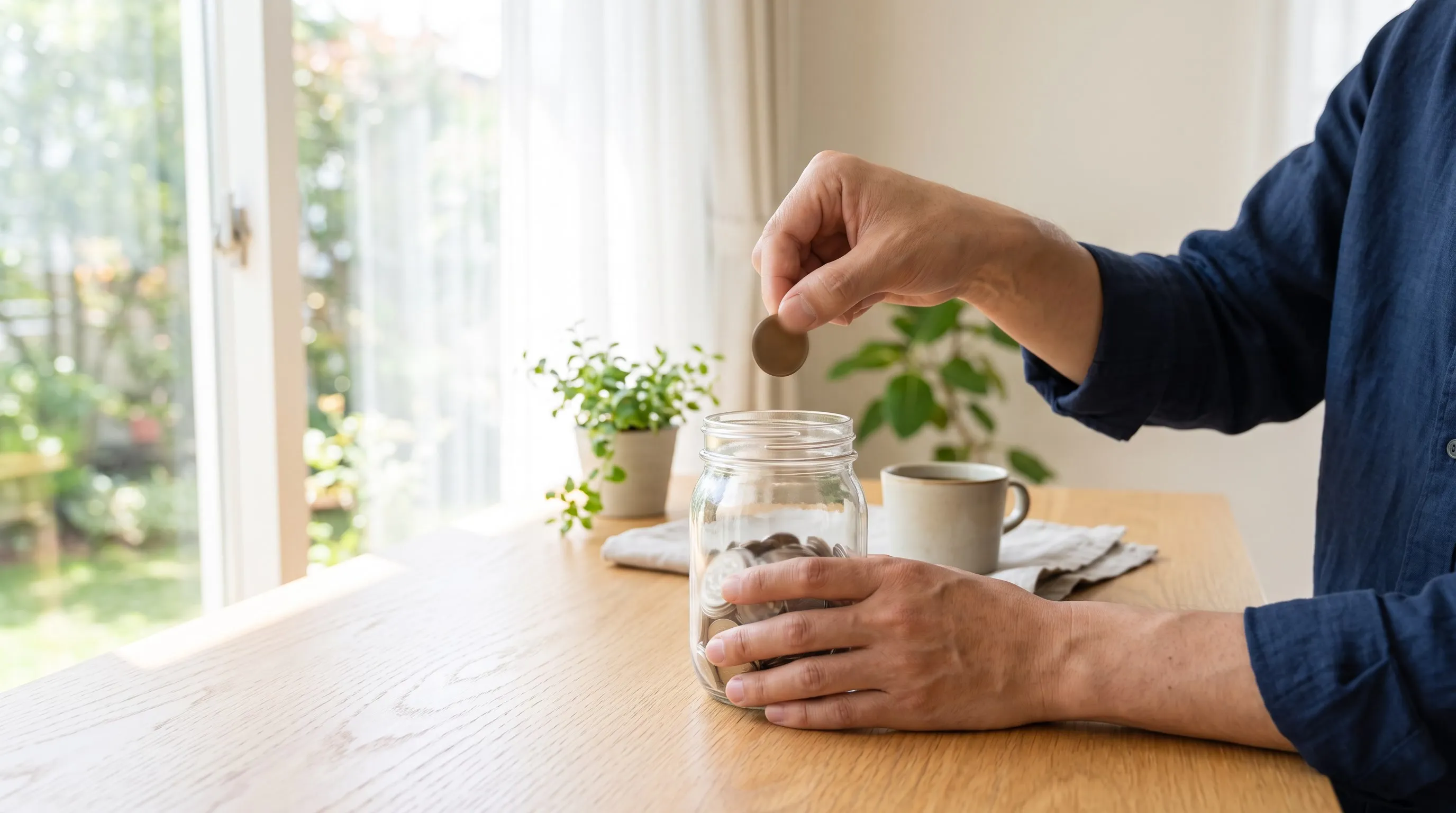 明るい窓辺の木のテーブルで、ガラスの瓶に硬貨を入れる男性の手元