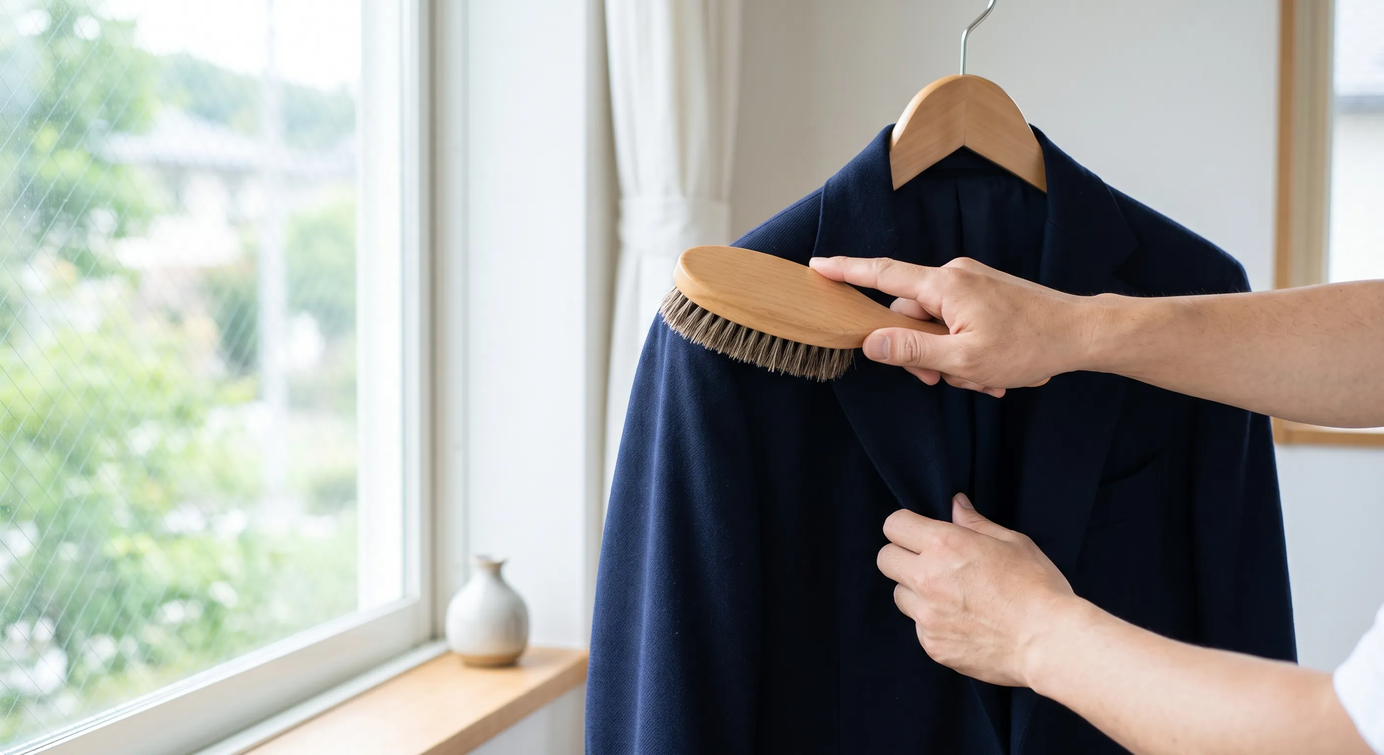 明るい部屋で、ハンガーに掛けた紺色のジャケットに洋服ブラシをかける手元