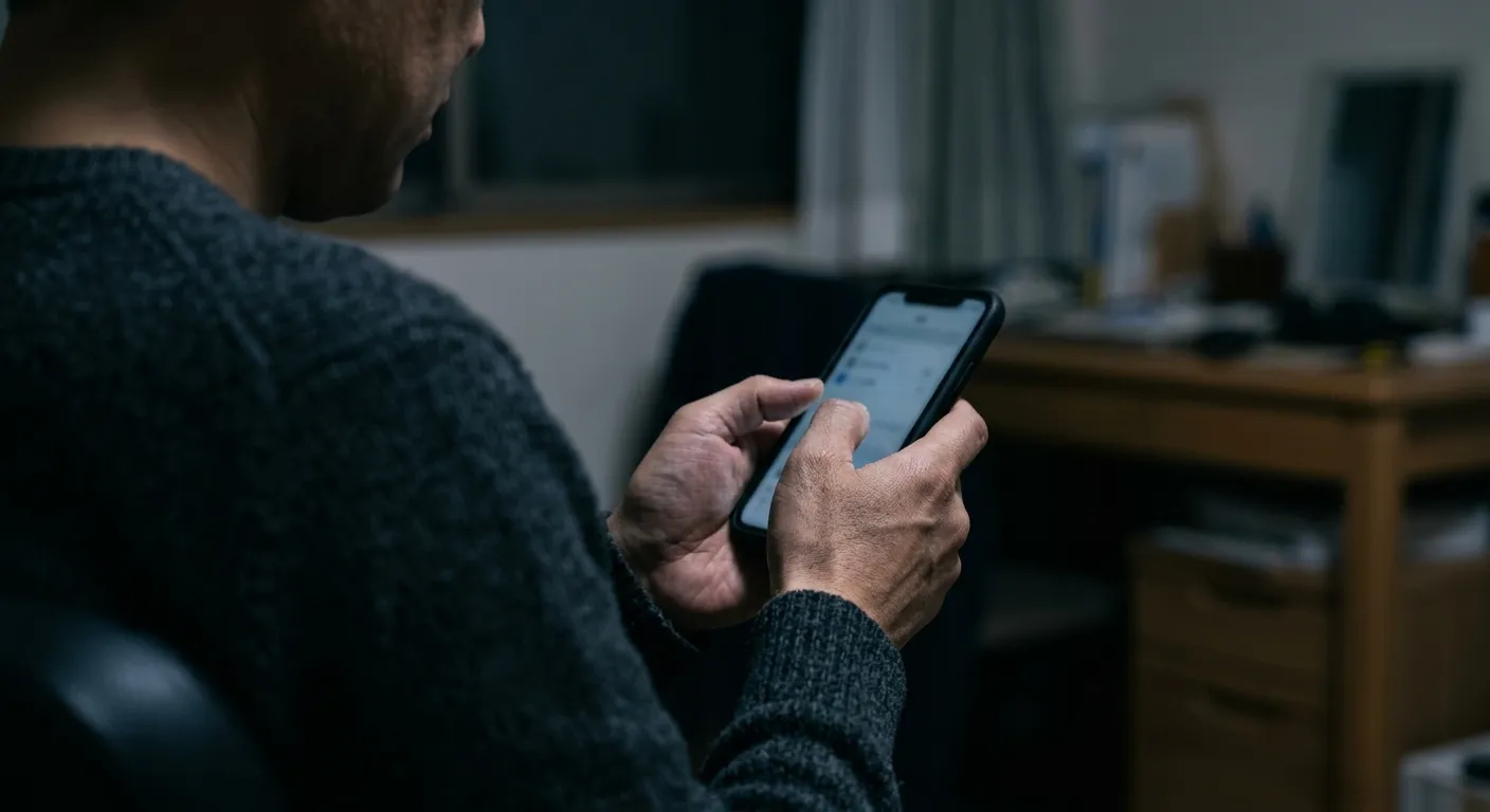 夜の暗い部屋でスマートフォンを操作する男性の手元