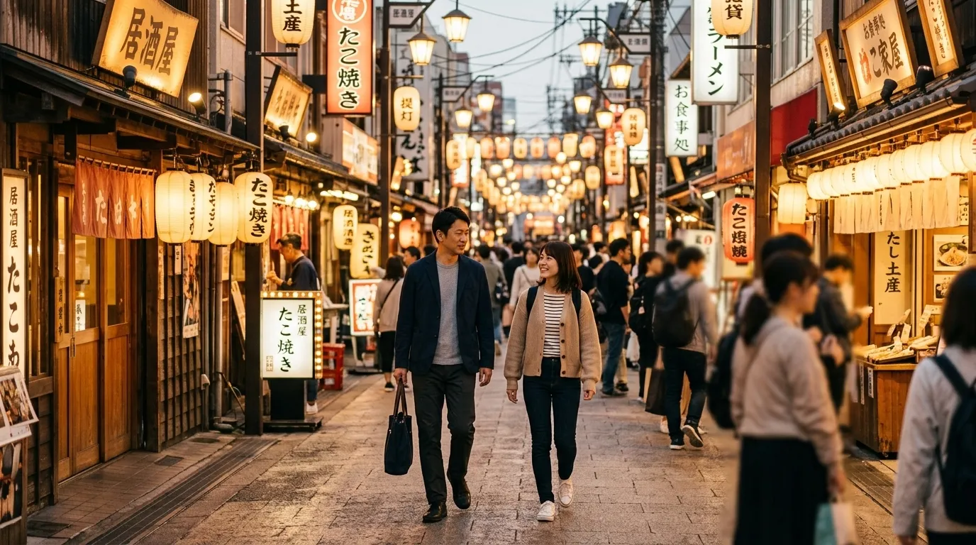 夕方の商店街を並んで歩く男女