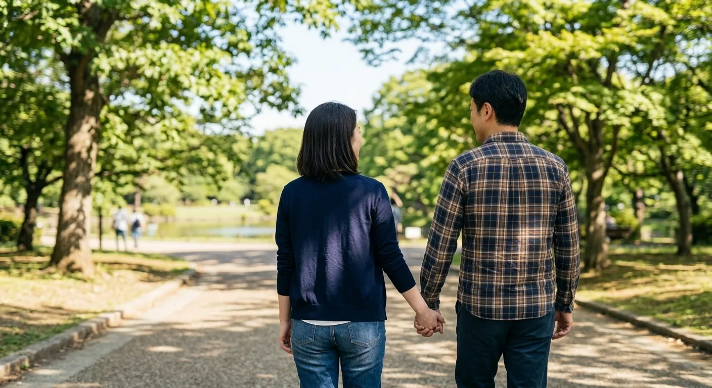 夜の街を並んで歩く男女
