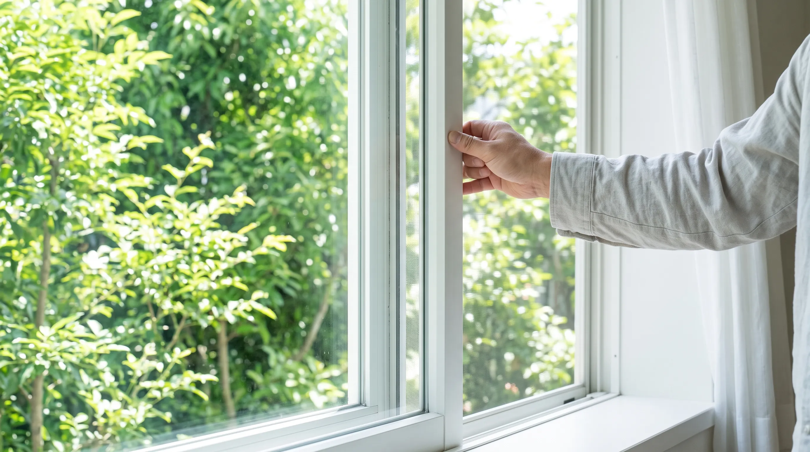 晴れた朝、明るい部屋の白い窓を片手で開ける男性の手元